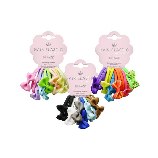 Flat Hair Elastics With Bows / Pack of 18 (Assorted Multi-Colour Packs)